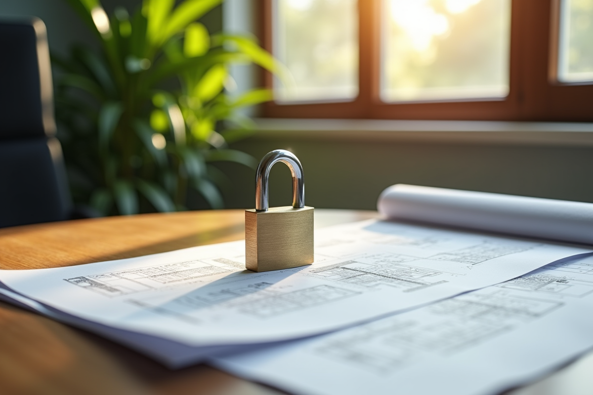 Cadenas métallique protégeant des brevets sur une table en bois