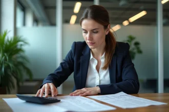 Femme cadre analysant des bulletins de salaire et calculant les heures mensuelles au bureau