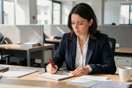 Femme professionnelle calculant les jours ouvrables sur un calendrier au bureau un samedi
