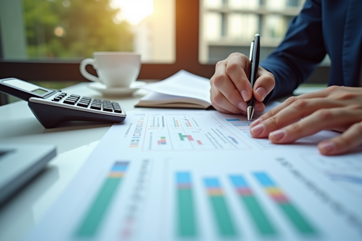 Analyse de documents avec calculatrice et café sur un bureau lumineux