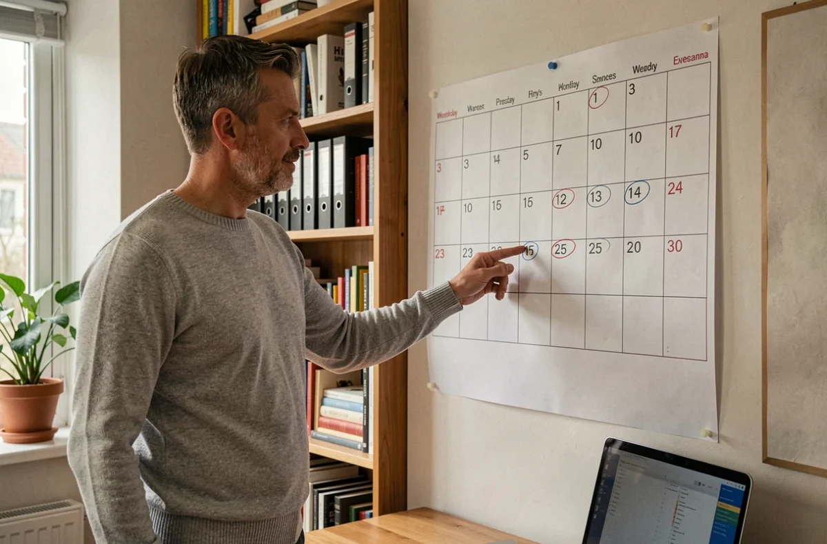 Homme pointant un calendrier mural pour comprendre le décompte des jours ouvrables incluant le samedi