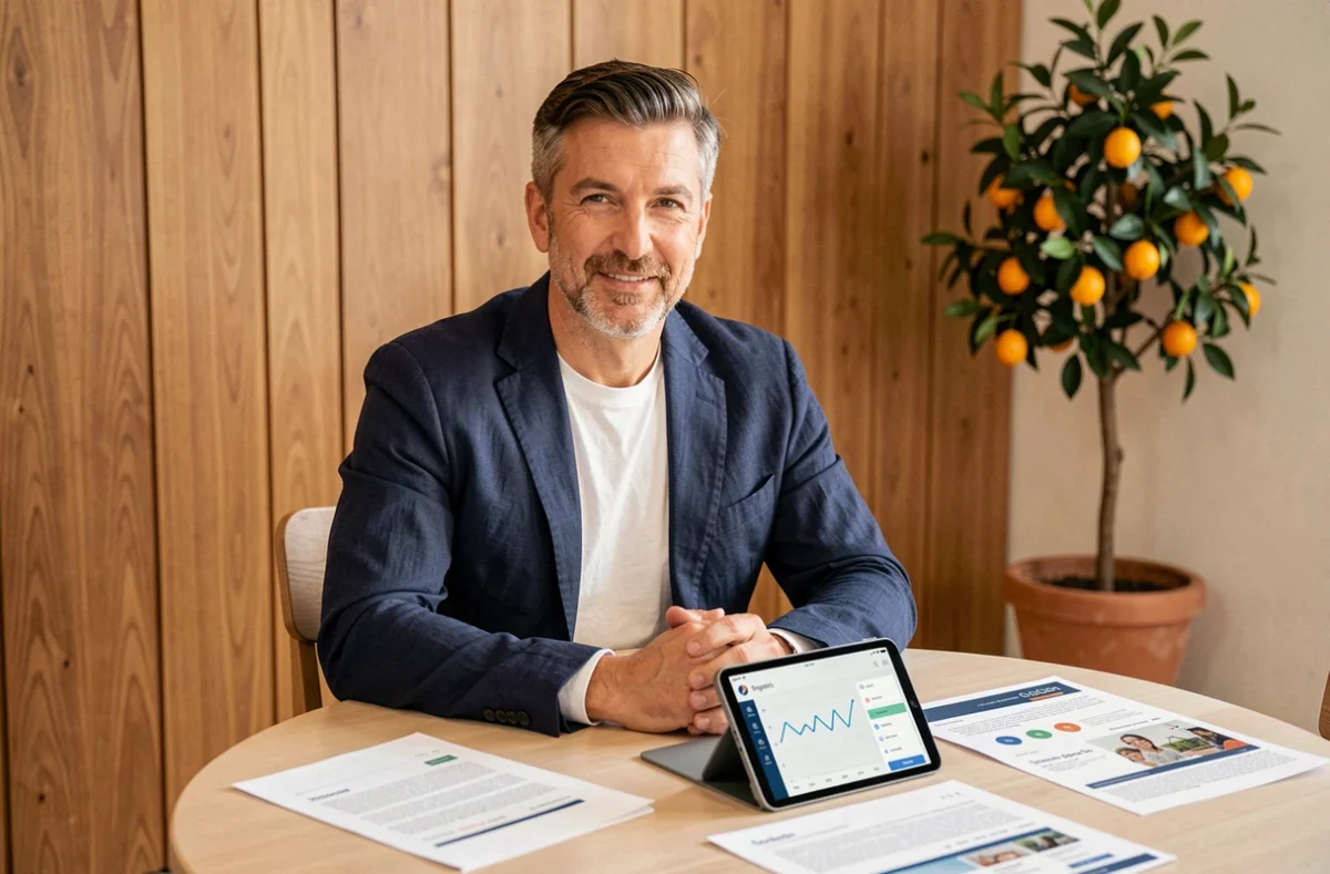 Entrepreneur consultant de Capitaine Site examinant des rapports de performance SEO pour petites entreprises dans un bureau de style méditerranéen à Menton