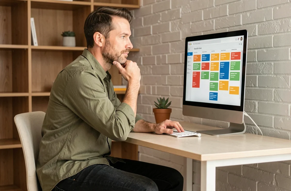 Chef de projet agile travaillant seul sur un logiciel de gestion de type opraz depuis son bureau à domicile