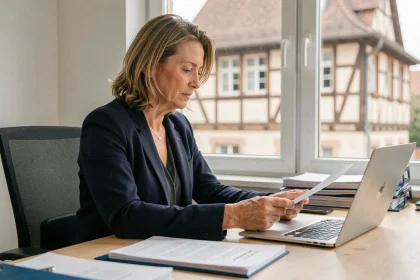 Cheffe d'entreprise alsacienne consultant des documents dans son bureau moderne à Strasbourg