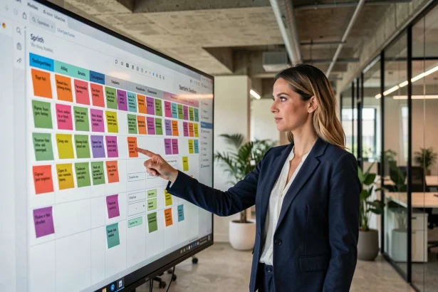 Cheffe de projet agile utilisant un tableau de bord interactif pour gérer des sprints avec l'outil opraz en 2026