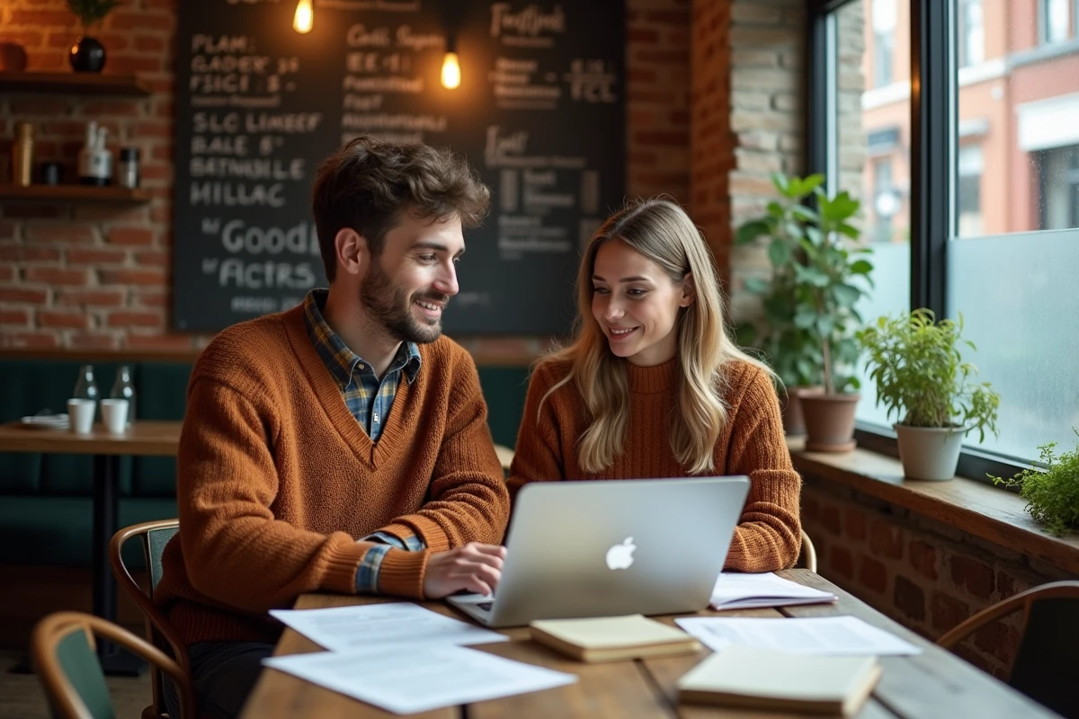 Deux chercheurs en linguistique discutant de l'origine d'un terme marketing dans un café avec documents et ordinateurs