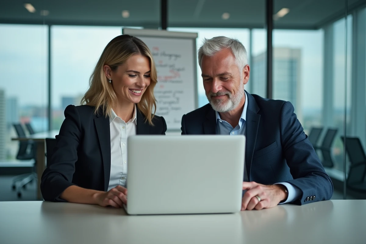 Deux professionnels collaborant ensemble pour finaliser une inscription au salon B2B en salle de réunion