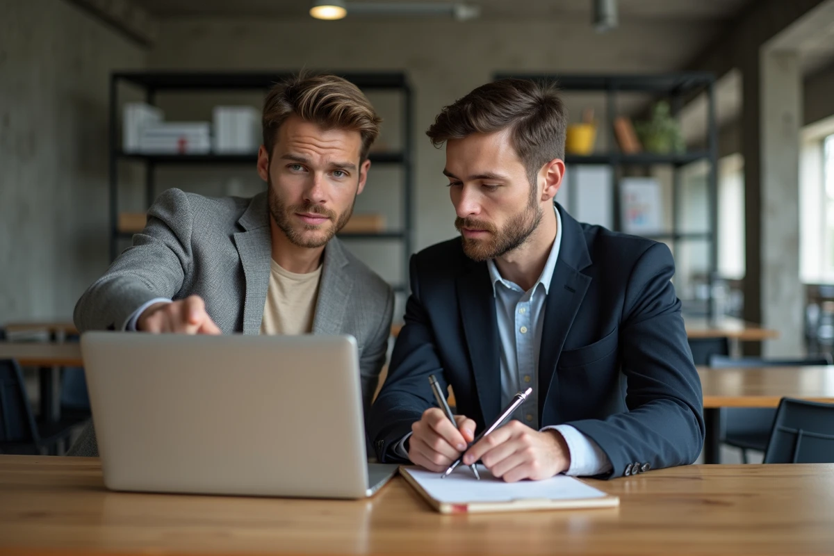Deux collègues en espace de coworking parisien analysant l'utilisation d'un logiciel professionnel de la Ville de Paris sur ordinateur personnel