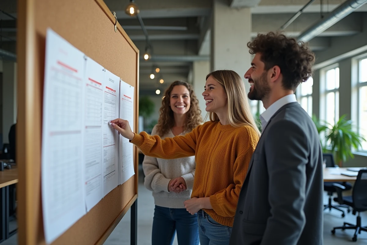 Collègues de bureau consultant le calendrier des jours fériés 2026 affiché sur un tableau liège