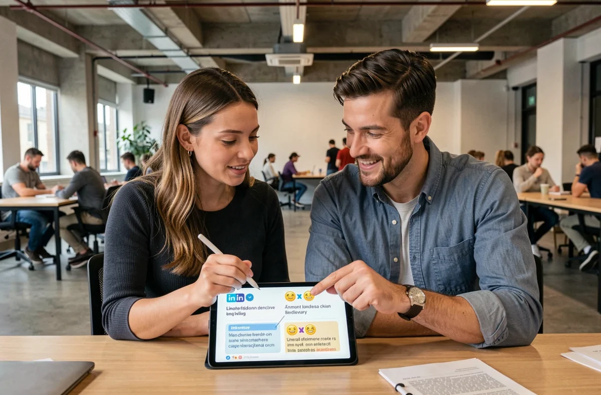 Deux collègues comparant des stratégies de formatage LinkedIn avec texte gras et emojis sur une tablette en espace de coworking