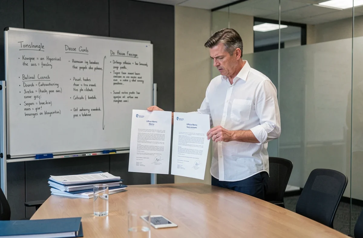 Homme d'affaires comparant deux versions d'une note de service dans une salle de réunion, montrant les erreurs courantes à corriger dans les documents professionnels