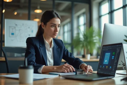 Responsable informatique d'une PME configurant un routeur double connexion dans un bureau moderne