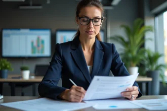 Professionnelle en blazer marine consultant des documents de conformité sociale dans un bureau moderne