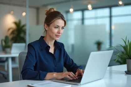 Femme se connectant à un portail RH sur un ordinateur portable dans un bureau professionnel