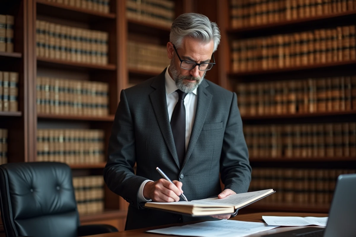 Conseiller juridique annotant un classeur de droit social dans une bibliothèque de cabinet d'avocats