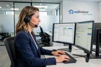 Conseillère service client ADL avec casque audio devant des écrans de suivi CRM dans un bureau moderne