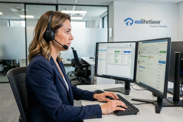 Conseillère service client ADL avec casque audio devant des écrans de suivi CRM dans un bureau moderne