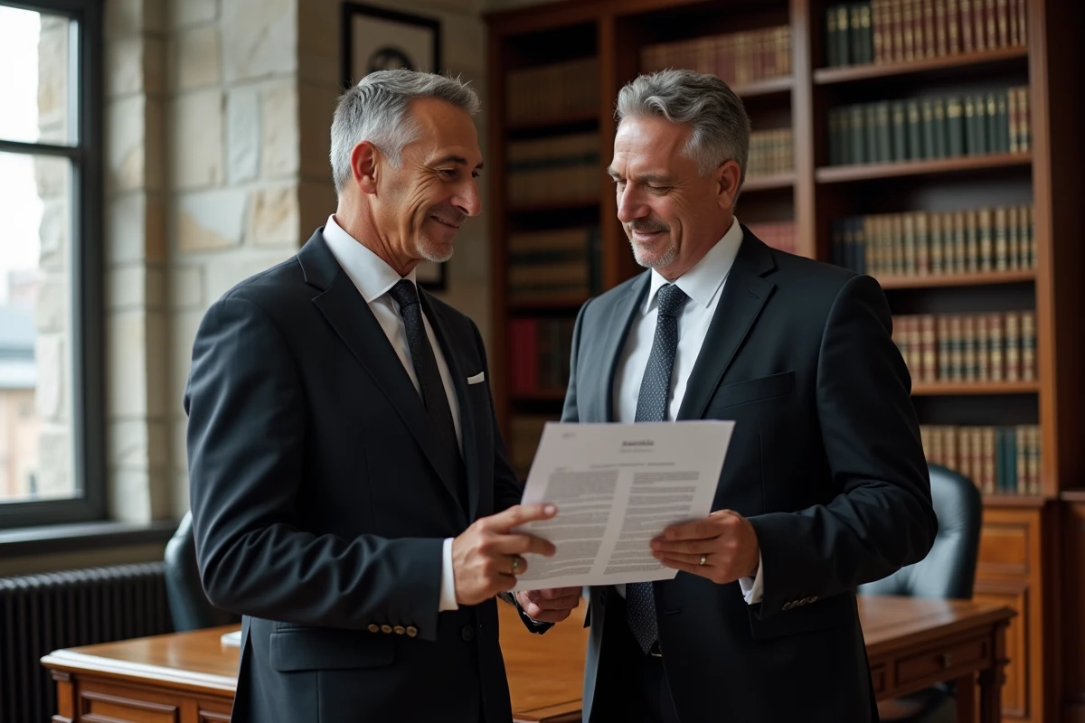 Deux conseillers juridiques examinant un contrat de travail pour invoquer les articles L1237-11 lors d'un litige