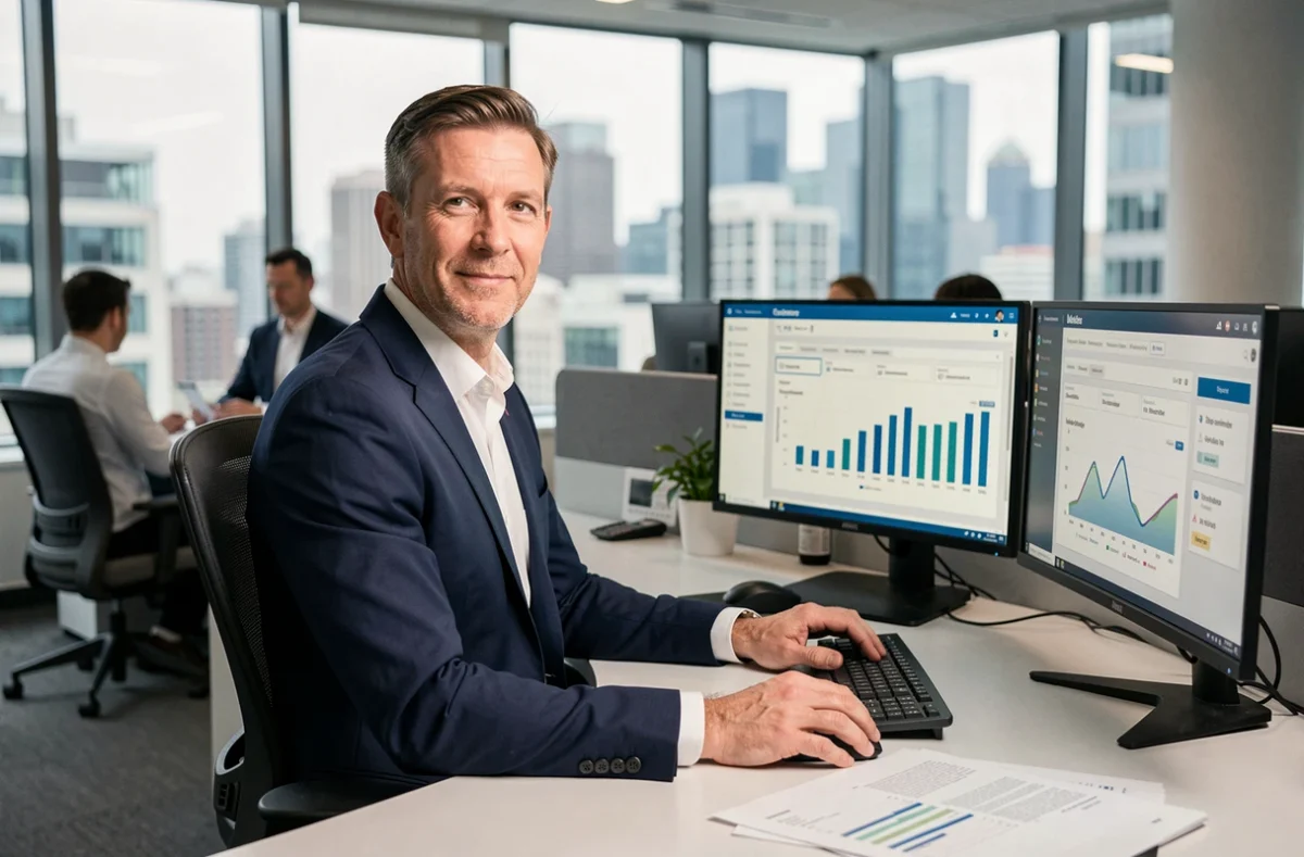 Consultant professionnel en costume marine travaillant sur des tableaux de bord numériques dans un bureau moderne avec vue urbaine, représentant les services et expertises d'une entreprise comme EROM