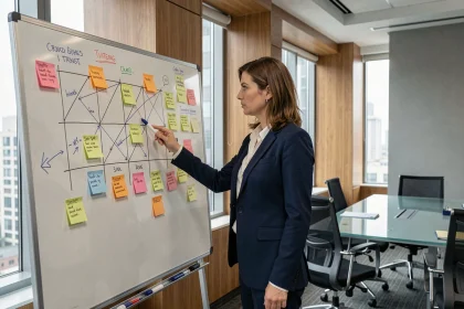 Consultante en stratégie analysant une matrice McKinsey dessinée sur un tableau blanc en salle de réunion