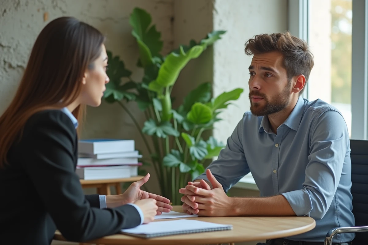 Jeune homme en consultation avec une avocate dans un espace lumineux