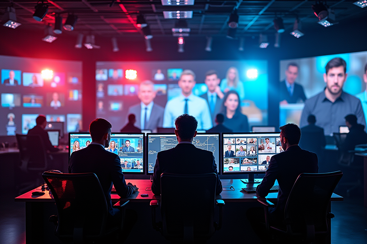 Salle de contrôle télévisée en France avec équipe attentive