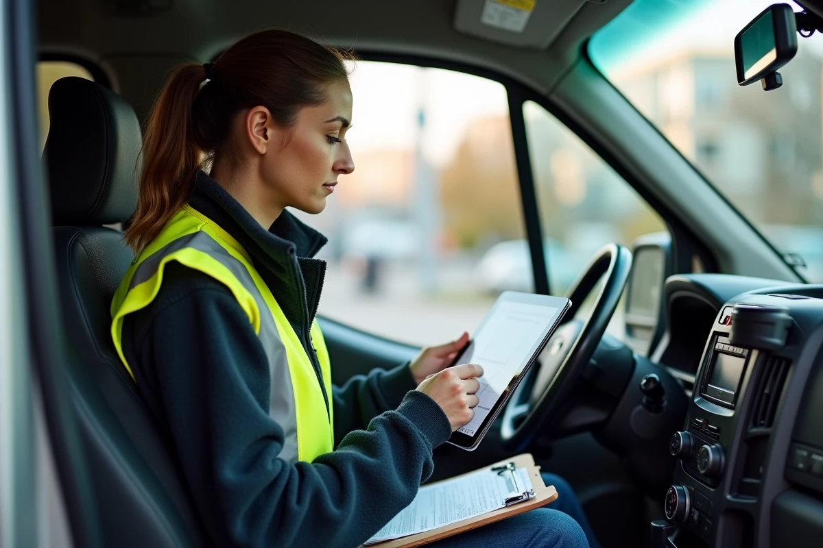 Coordinatrice de terrain optimisant ses tournées d'intervention grâce à une application de planification mobile dans sa camionnette de service
