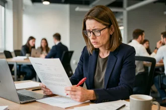 Femme professionnelle corrigeant une note de service avec un stylo rouge dans un bureau moderne, illustrant les erreurs fréquentes à éviter