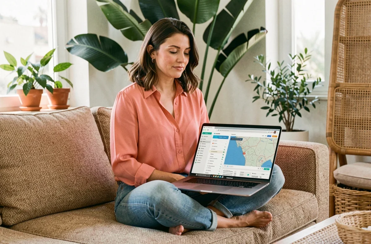 Stratège web de Côté Web travaillant sur un audit SEO local depuis un espace de travail lumineux et méditerranéen à Antibes