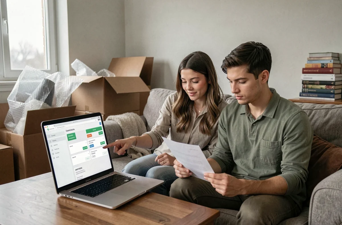 Couple consultant les démarches administratives de radiation Pôle emploi en ligne dans un appartement en cours d'emménagement