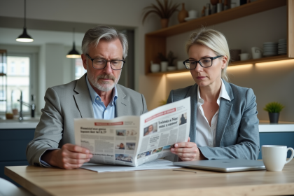 Un couple lit un journal dans une cuisine moderne