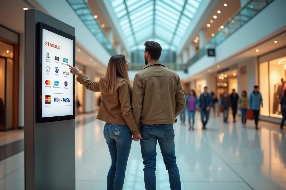 Couple consultant un panneau d'information sur les enseignes partenaires Shopping Pass dans un centre commercial