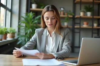 Créatrice d'entreprise consultant les documents d'enregistrement INPI à son bureau dans un espace de coworking
