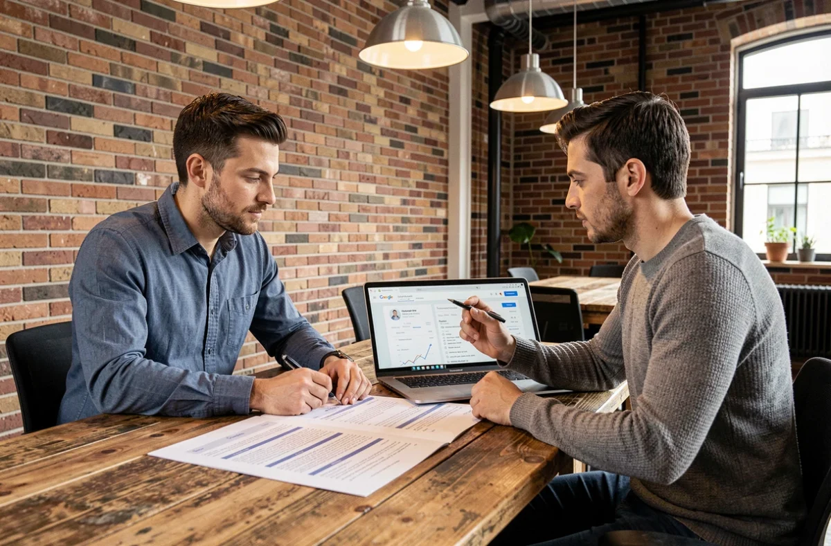 Deux consultants de Darwin Agency analysant un rapport SEO imprimé et une console Google Search Console dans un loft industriel à Nice