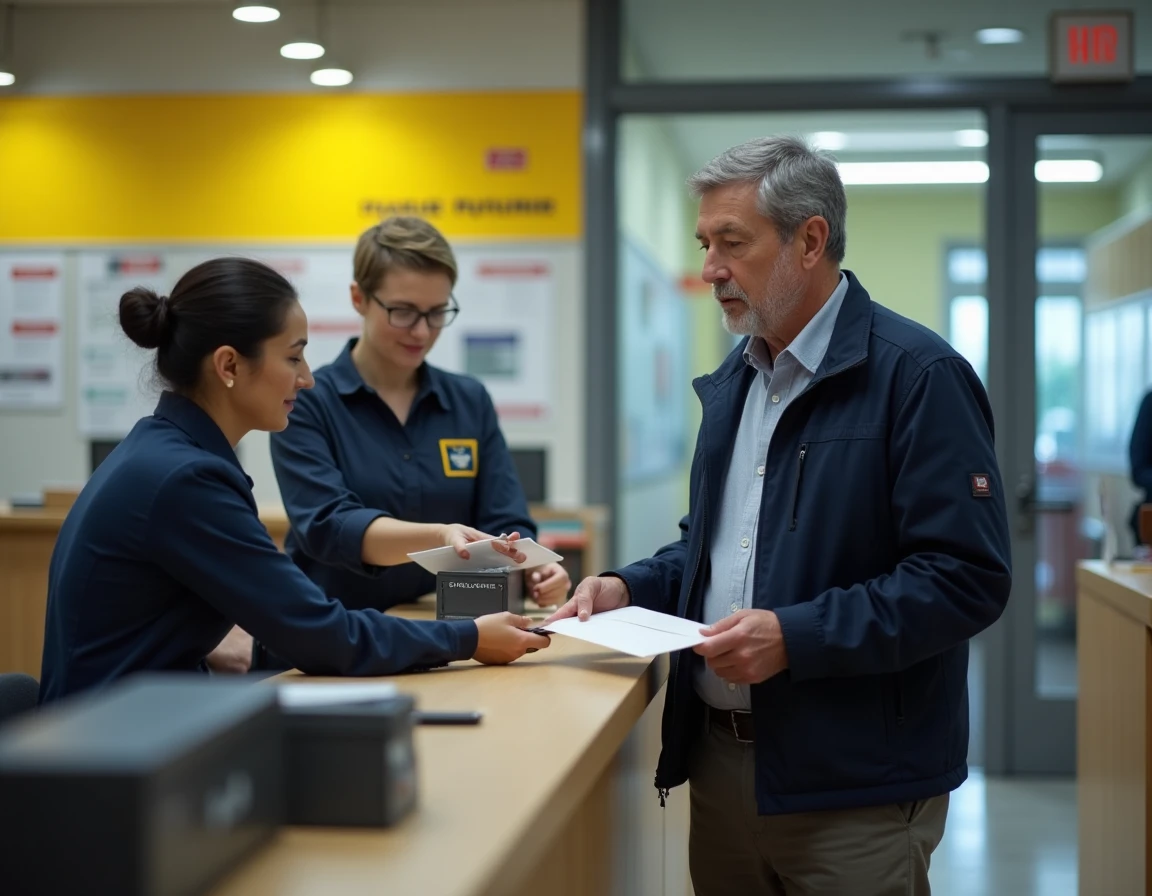 Homme déposant une lettre recommandée avec accusé de réception au guichet d'un bureau de poste