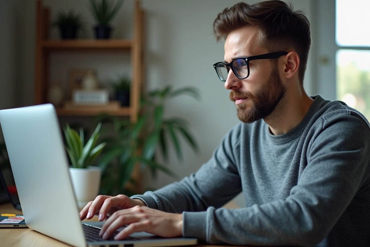 Homme désactivant les notifications de fiche de paie électronique sur son ordinateur portable à domicile