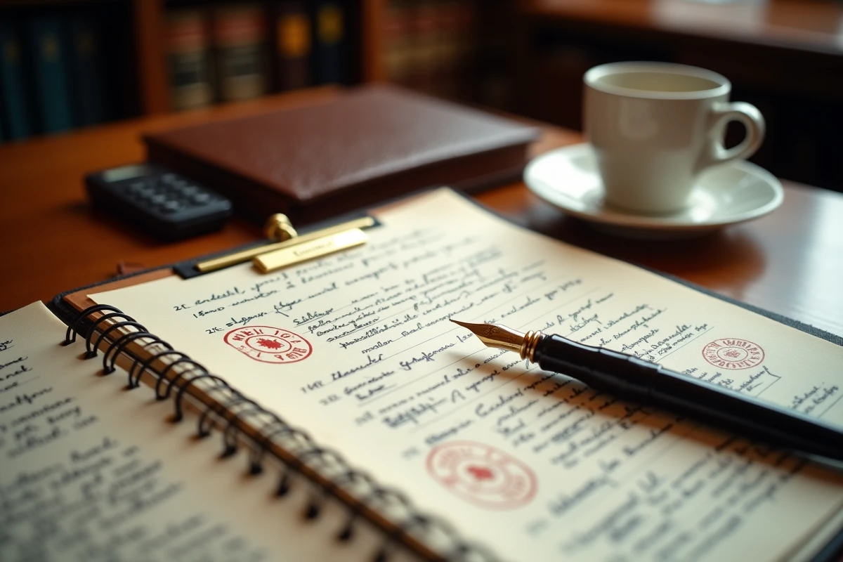 Détail d'un bureau d'avocat avec documents fiscaux, notes manuscrites et stylo plume illustrant la gestion comptable d'une AARPI