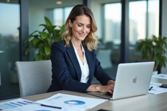 Directrice RH analysant des rapports de politique ressources humaines sur un tableau de bord numérique en entreprise