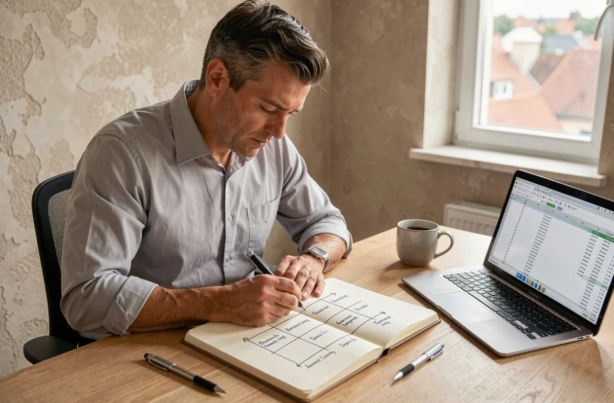 Dirigeant d'entreprise construisant pas à pas une matrice McKinsey dans son bureau avec un cahier de notes