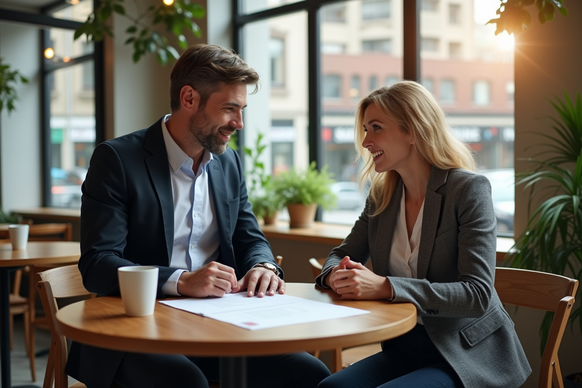 Deux professionnels discutant autour d une table dans un café lumineux
