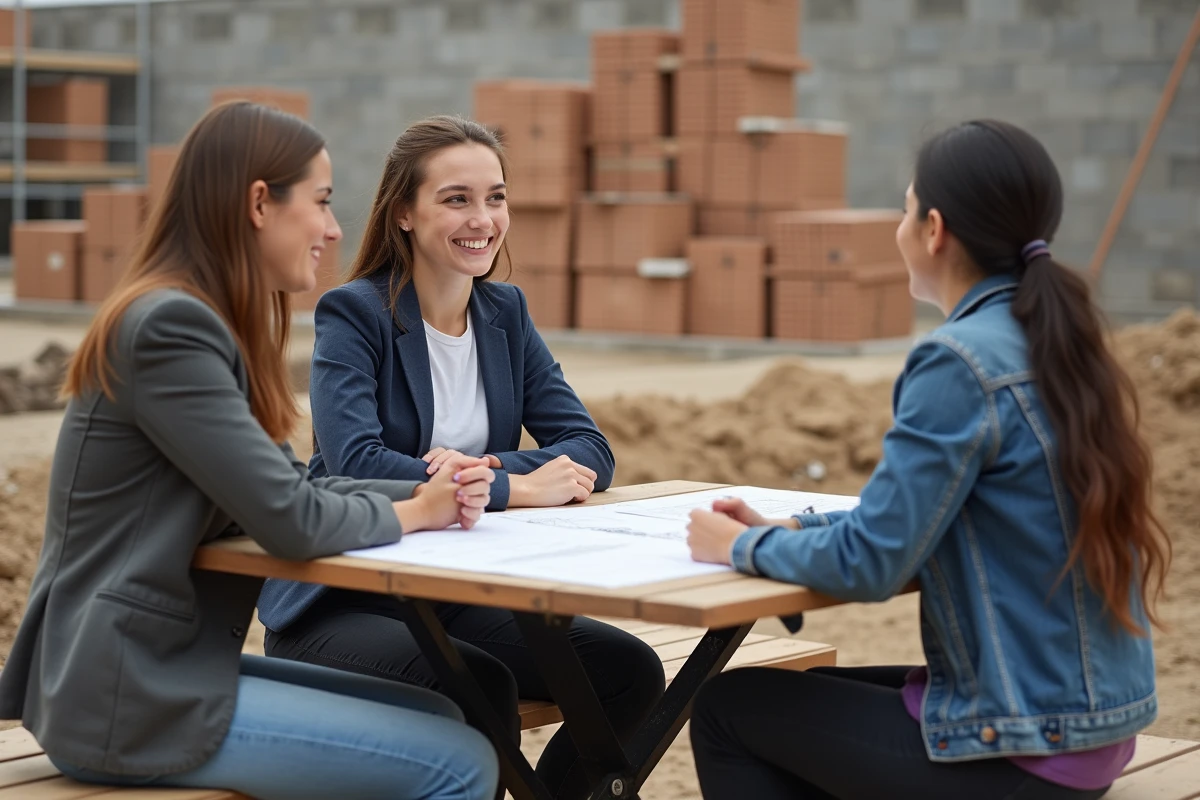Jeune femme discutant plans de construction avec collègues