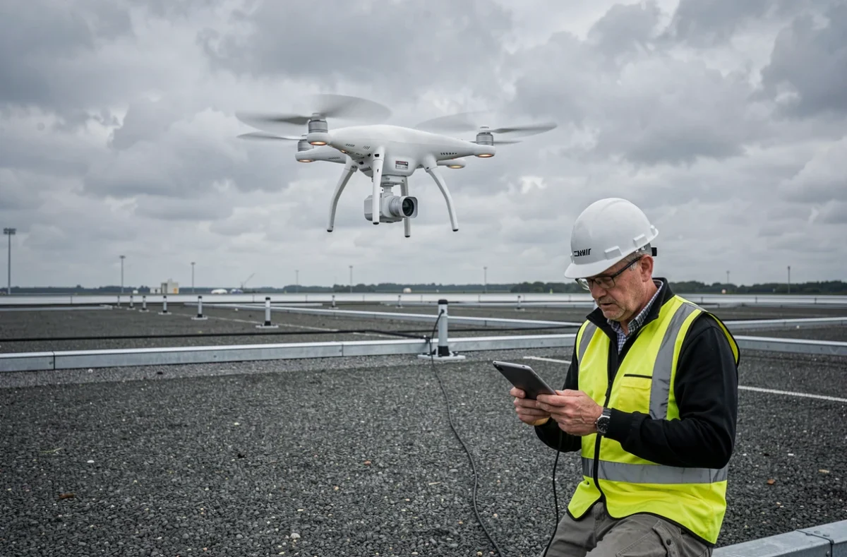 Technicien Drone Clean pilotant un drone de nettoyage industriel au-dessus d'un toit en Normandie