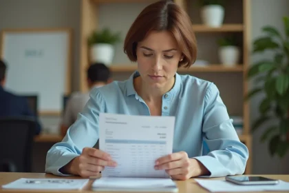 Employée de bureau lisant un bulletin de paie papier imprimé à son bureau, alternative à My Arkevia