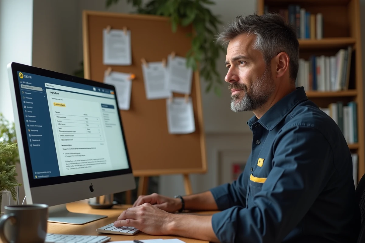 Employé de La Poste consultant sa box RH depuis son bureau à domicile