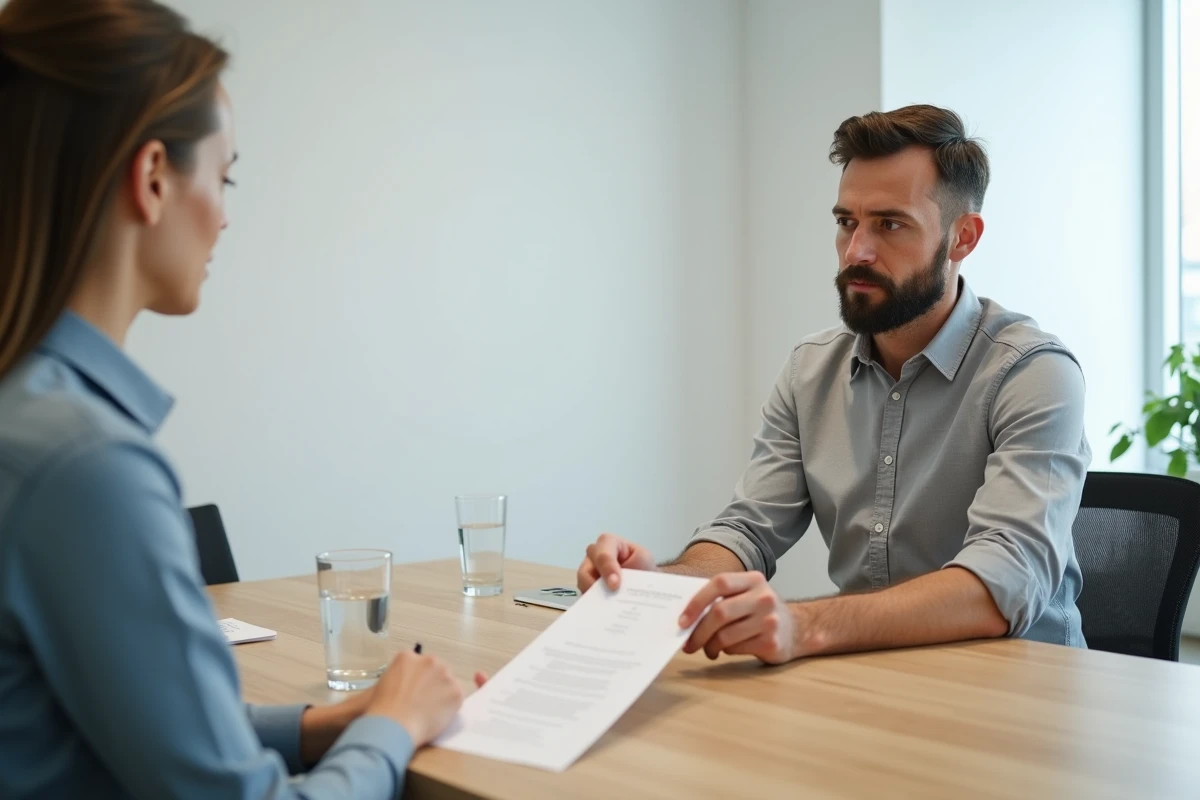 Employé remettant une lettre de rupture conventionnelle à une responsable RH en salle de réunion