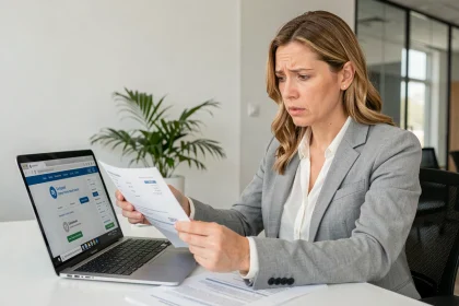 Employée en blazer gris vérifiant ses bulletins de salaire et les cotisations Urssaf sur un ordinateur au bureau