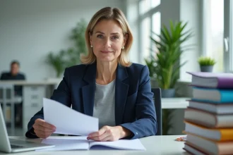 Employée RATP consultant les documents d'aide sociale du CE RDS dans un bureau administratif