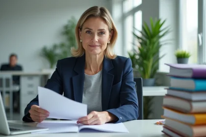 Employée RATP consultant les documents d'aide sociale du CE RDS dans un bureau administratif