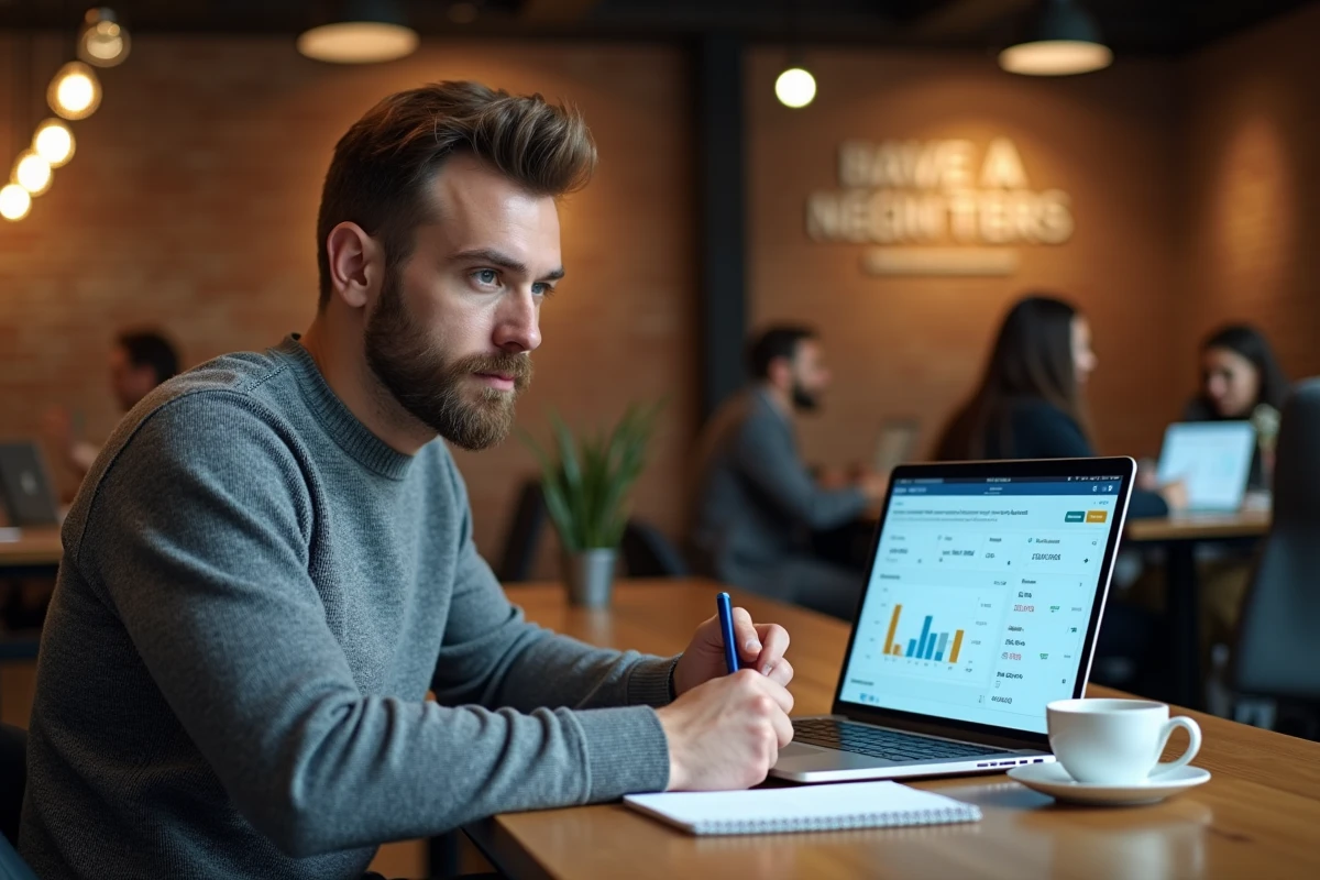 Entrepreneur analysant des donn&eacute;es d'entreprise sur ordinateur portable dans un espace de coworking
