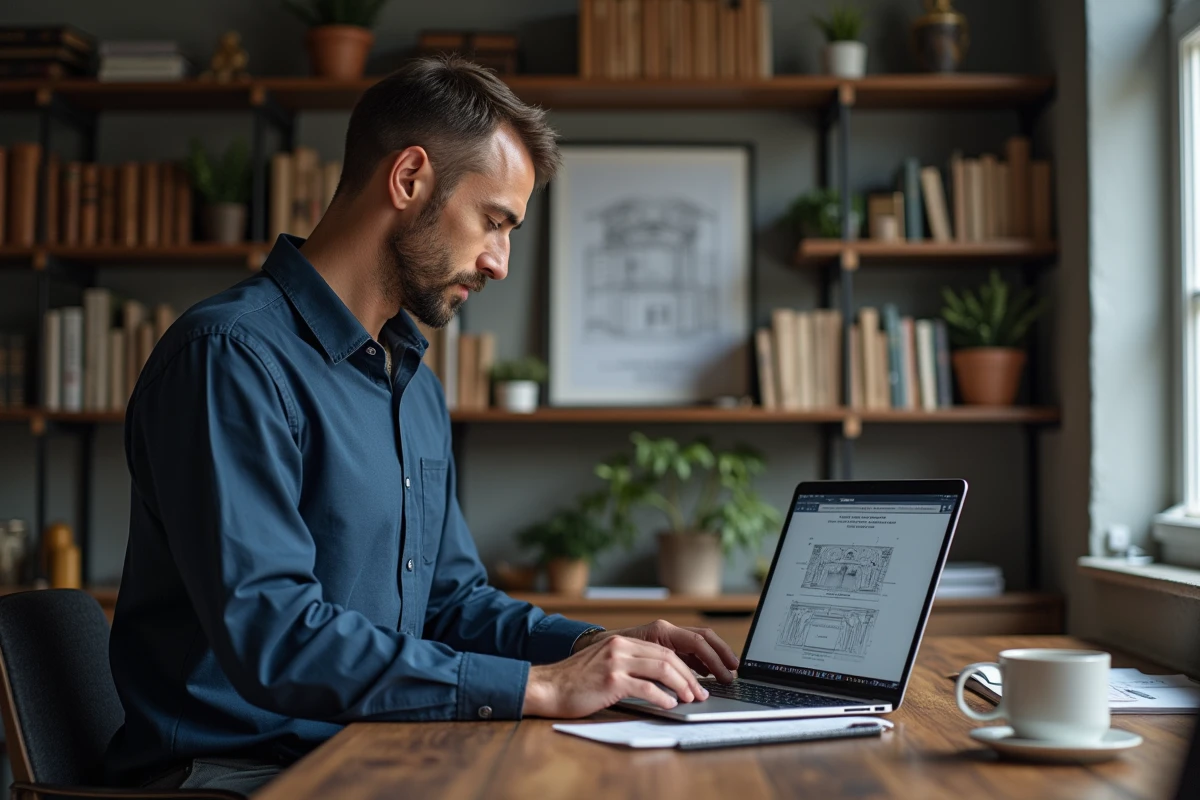 Entrepreneur masculin enregistrant sa marque sur le portail INPI depuis son bureau à domicile